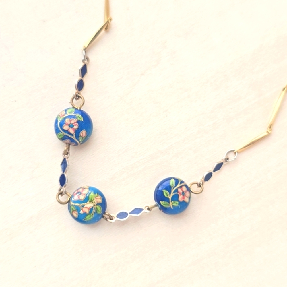Vintage Chinese Cloisonne Blue Bead and Gold necklace